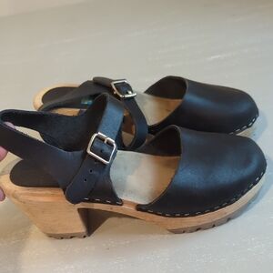 Wooden Clogs Mary Janes Black Leather size 40 Swedish
